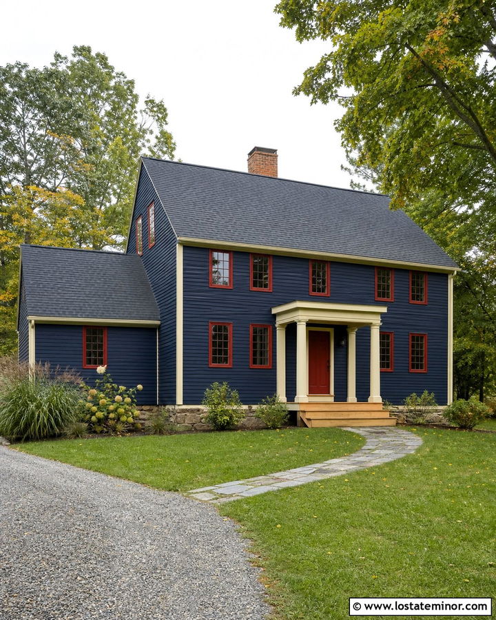 Midnight Blue House With Red Window Frames - 30 Midnight Blue House Design With Window Frames Ideas