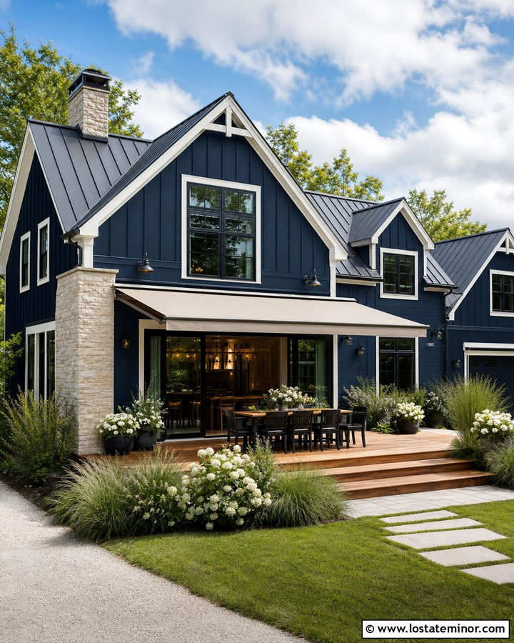 Midnight Blue House With Retractable Patio Awning - 30 Midnight Blue House Design With Awning Ideas
