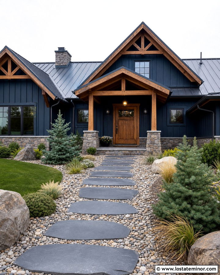 Midnight Blue House With River Rock Walkway - 30 Midnight Blue House Design With Walkway Ideas