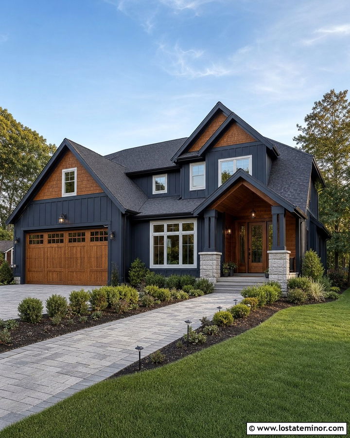 Midnight Blue House With Roof And Wood Accents - 30 Midnight Blue House Design With Roof Ideas