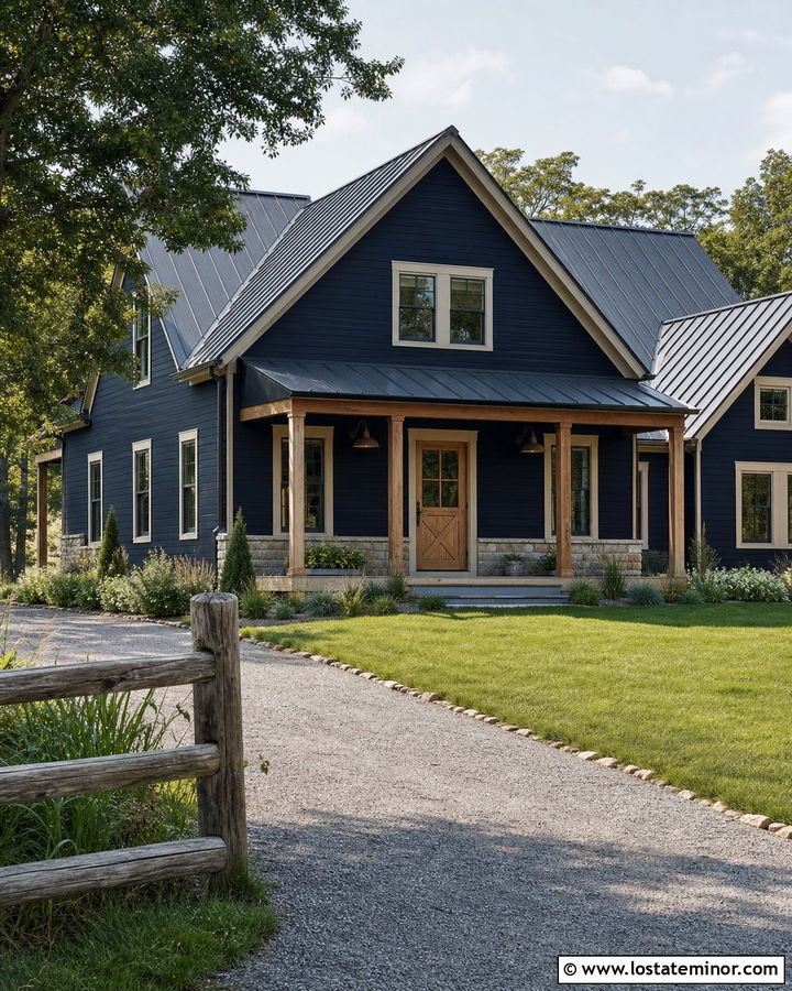 Midnight Blue House With Rustic Barn Lights - 30 Midnight Blue House Design With Light Fixtures Ideas