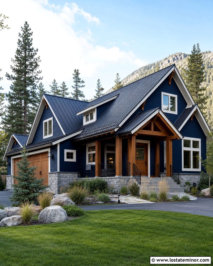 Midnight Blue House With Rustic Cedar Plank Ceiling - 30 Midnight Blue House Design With Porch Ceiling Ideas