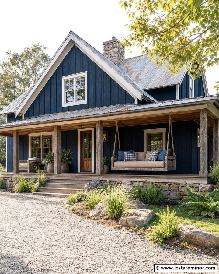 Midnight Blue House With Rustic Daybed Swing - 30 Midnight Blue House Design With Daybed Ideas