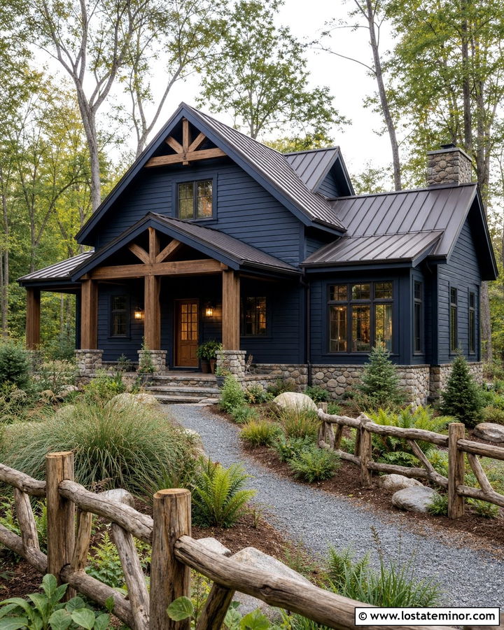 Midnight Blue House With Rustic Log Fence - 30 Midnight Blue House Design With Fence Ideas