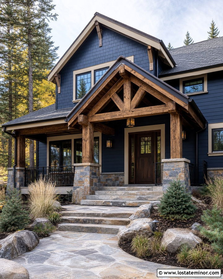 Midnight Blue House With Rustic Timber Porch - 30 Midnight Blue House Design With Front Porch Ideas