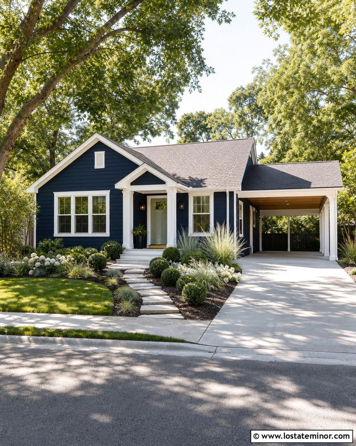 Midnight Blue House With Sage Green Door And Carport - 30 Midnight Blue House Design With Carport Ideas