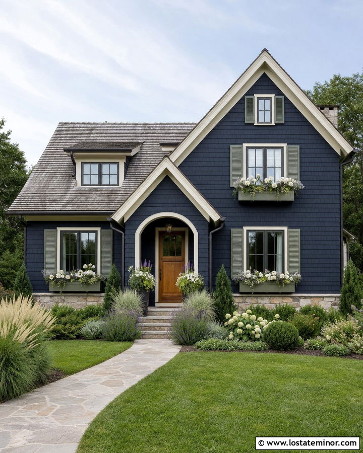 Midnight Blue House With Sage Trim And Window Boxes - 30 Midnight Blue House Design With Window Boxes Ideas
