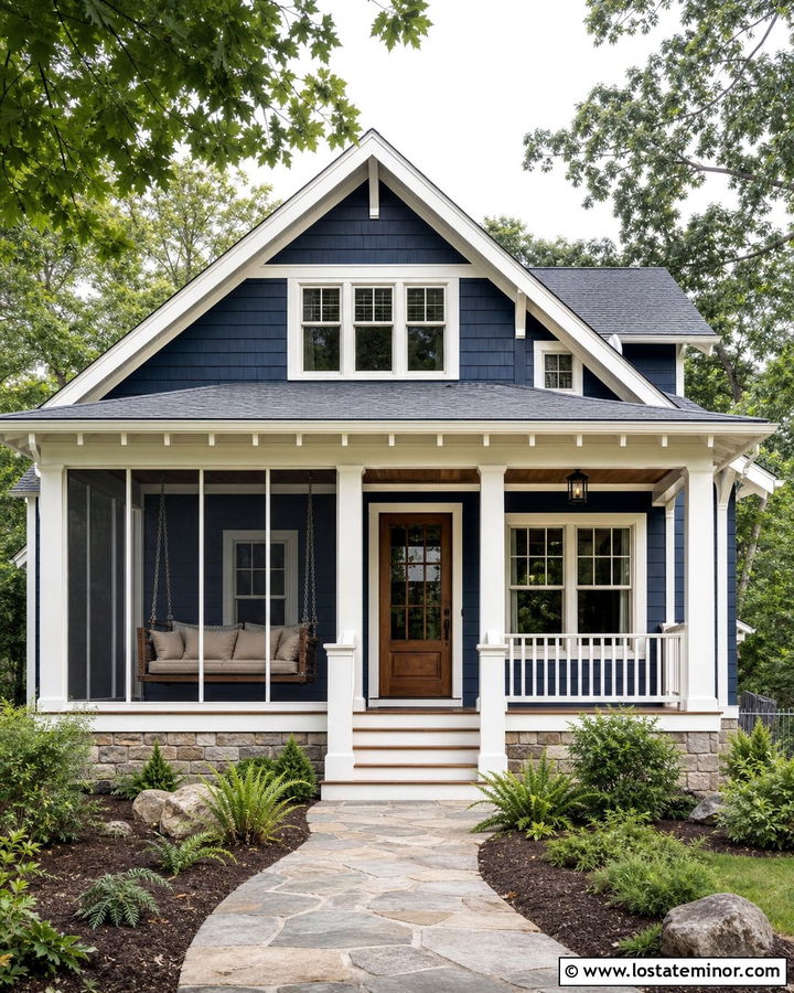 Midnight Blue House With Screened Porch Swing - 30 Midnight Blue House Design With Swing Ideas