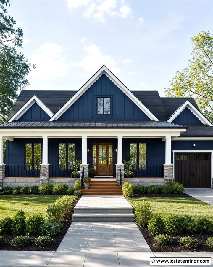 Midnight Blue House With Shed Porch And Gables - 30 Midnight Blue House Design With Gables Ideas