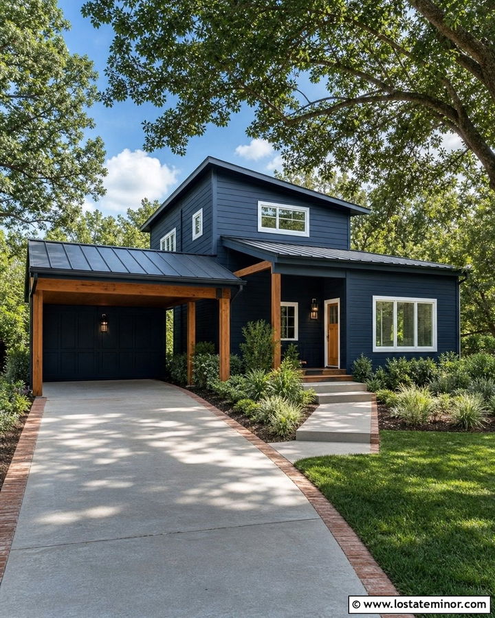 Midnight Blue House With Shed Roof Carport - 30 Midnight Blue House Design With Carport Ideas