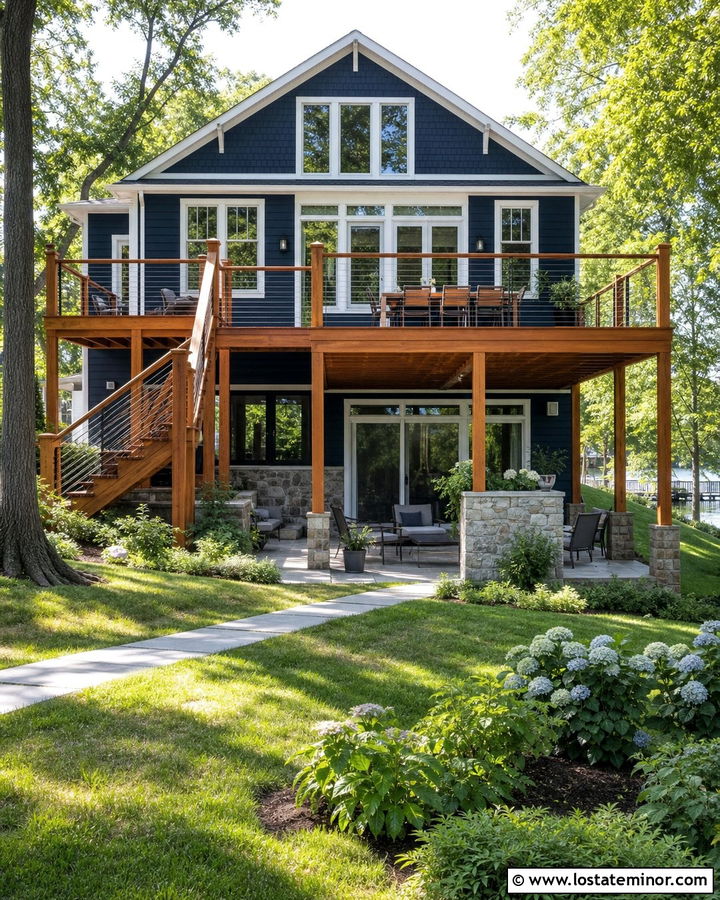 Midnight Blue House With Shingle Siding And Multilevel Deck - 30 Midnight Blue House Design With Backyard Ideas
