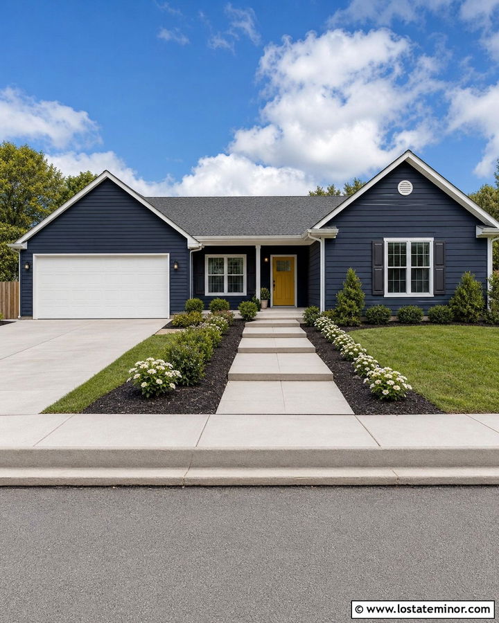 Midnight Blue House With Simple Concrete Walkway - 30 Midnight Blue House Design With Walkway Ideas