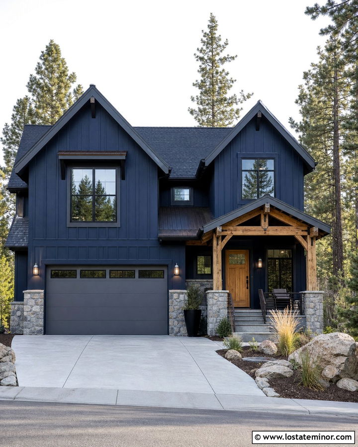 Midnight Blue House With Slate Gray Garage Door - 30 Midnight Blue House Design With Garage Door Ideas