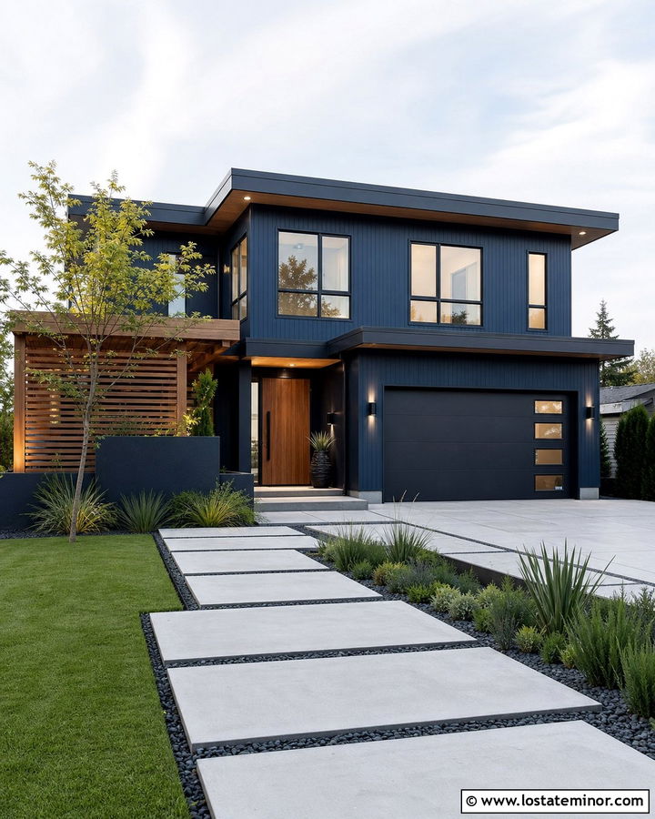 Midnight Blue House With Slatted Pergola - 30 Midnight Blue House Design With Pergola Ideas