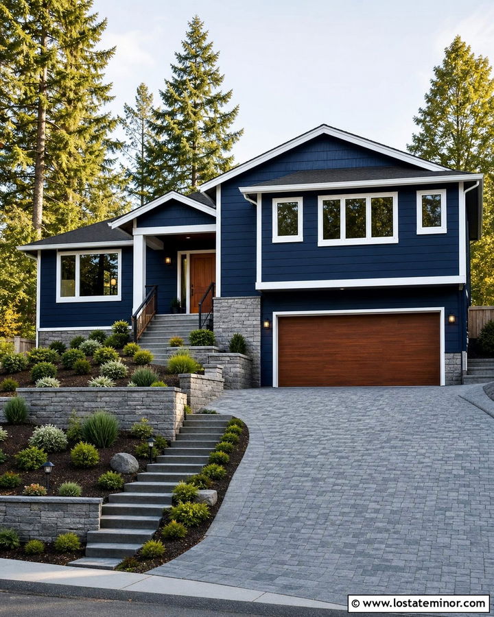 Midnight Blue House With Sloped Driveway - 30 Midnight Blue House Design With Driveway Ideas