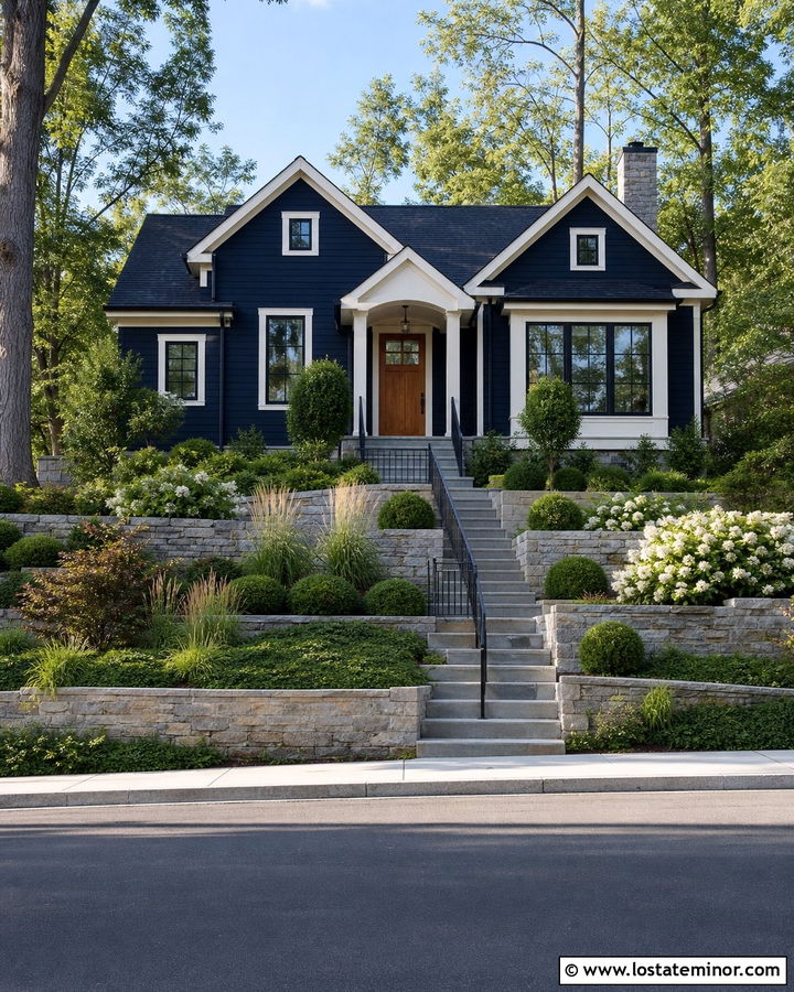 Midnight Blue House With Sloped Front Yard - 30 Midnight Blue House Design With Front Yard Ideas