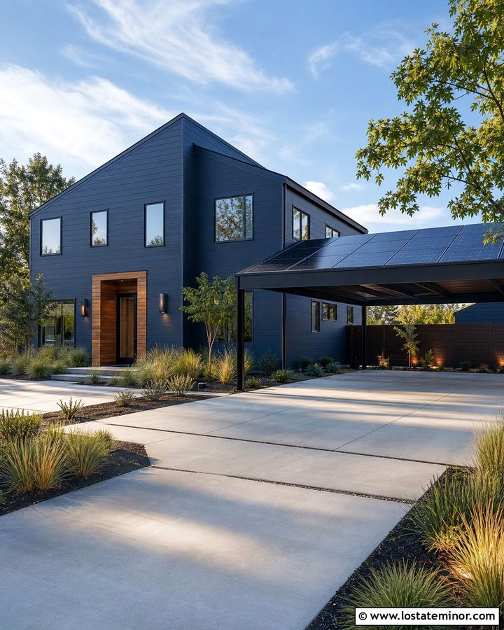 Midnight Blue House With Solar Carport - 30 Midnight Blue House Design With Carport Ideas