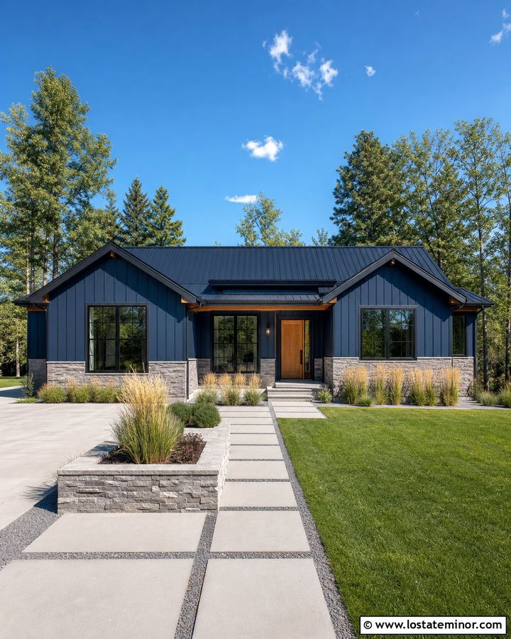 Midnight Blue House With Stacked Stone Wainscoting - 30 Midnight Blue House Design With Wainscoting Ideas