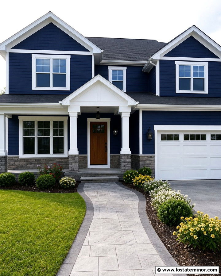 Midnight Blue House With Stamped Concrete Walkway - 30 Midnight Blue House Design With Walkway Ideas