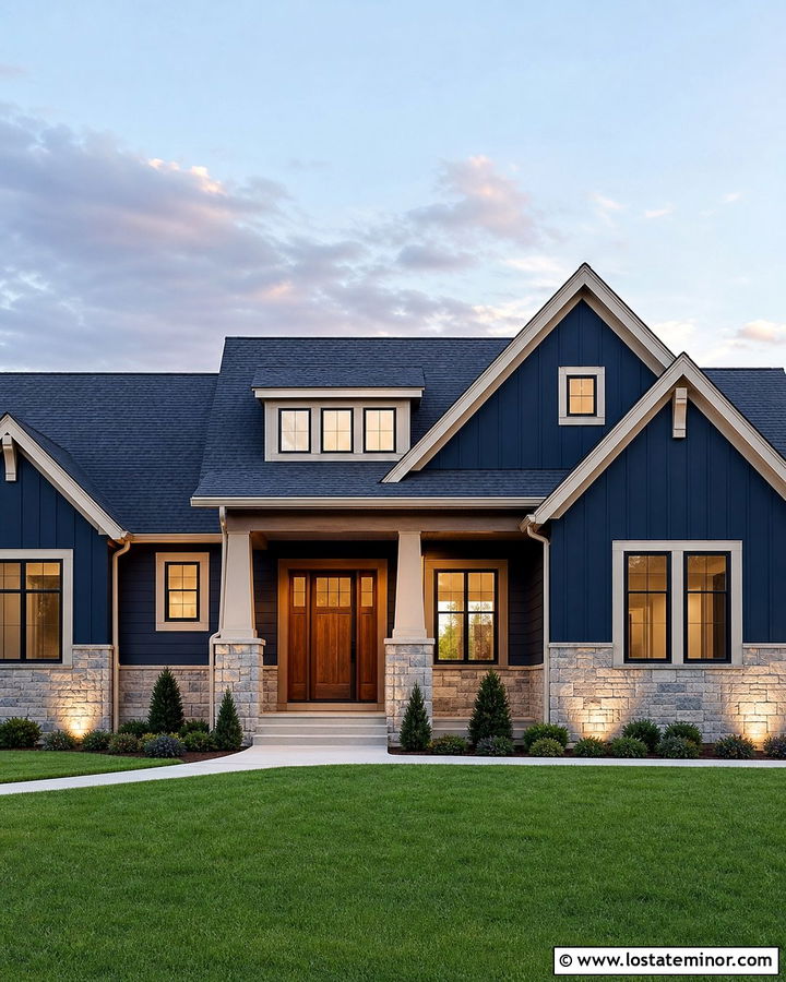 Midnight Blue House With Stone And Accent Lighting - 30 Midnight Blue House Design With Lighting Ideas