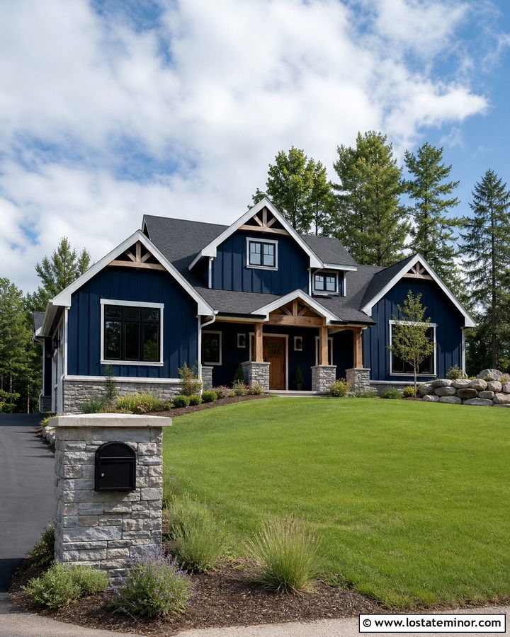 Midnight Blue House With Stone And Black Mailbox - 30 Midnight Blue House Design With Mailbox Ideas