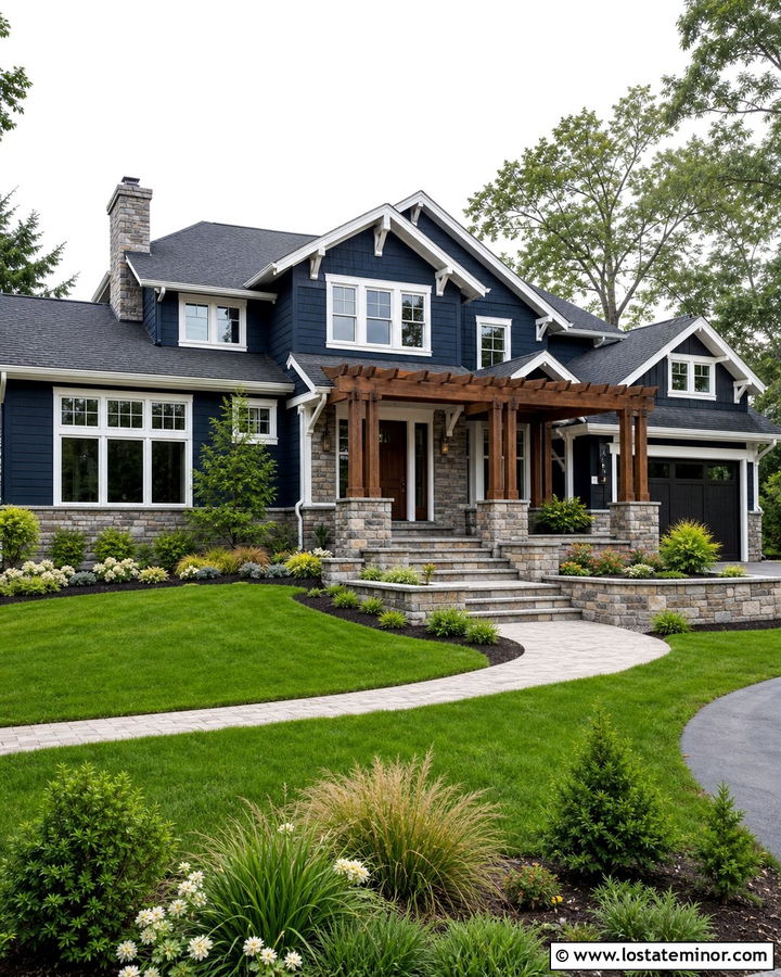 Midnight Blue House With Stone And Pergola - 30 Midnight Blue House Design With Pergola Ideas