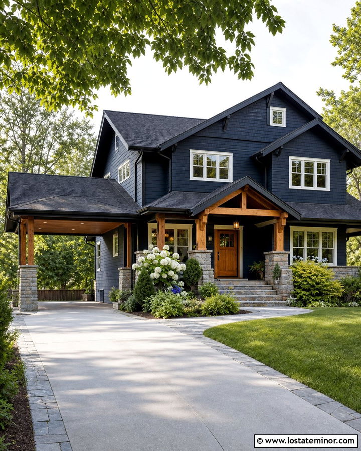 Midnight Blue House With Stone And Wood Carport - 30 Midnight Blue House Design With Carport Ideas