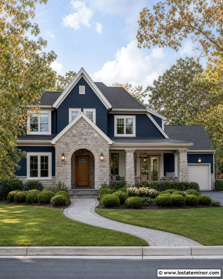 Midnight Blue House With Stone Archway - 30 Midnight Blue House Design With Stone Accents Ideas