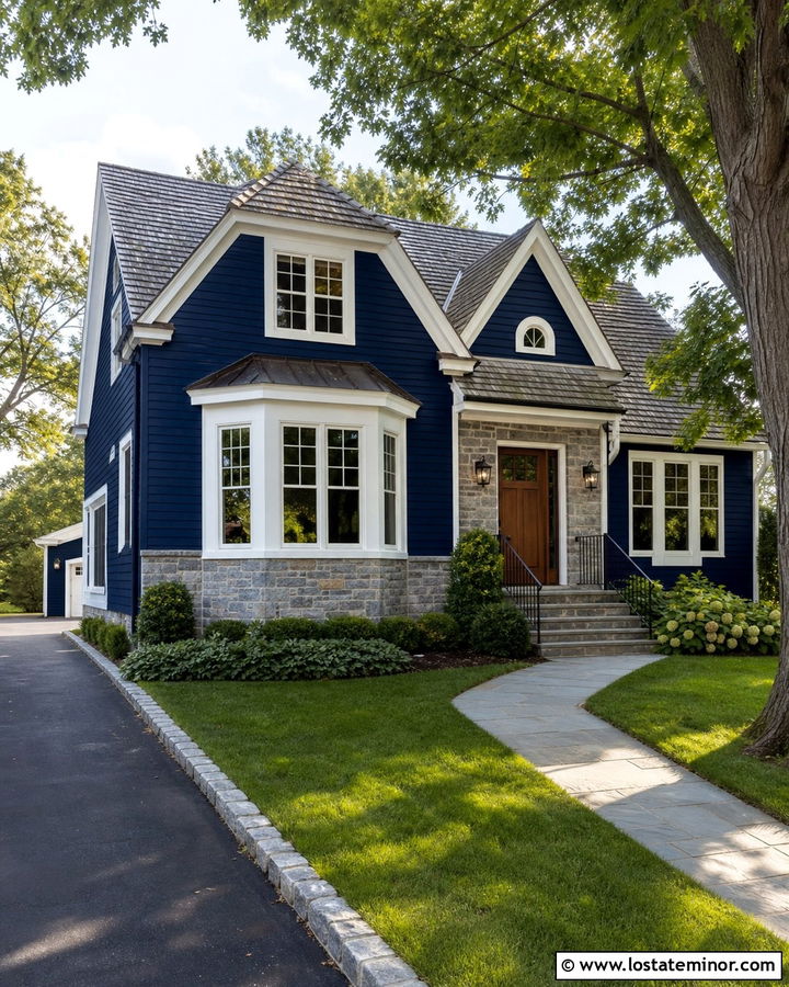 Midnight Blue House With Stone Bay Window - 30 Midnight Blue House Design With Stone Accents Ideas