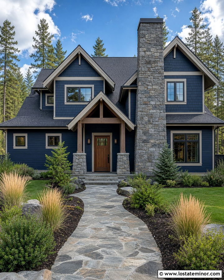 Midnight Blue House With Stone Chimney - 30 Midnight Blue House Design With Stone Accents Ideas