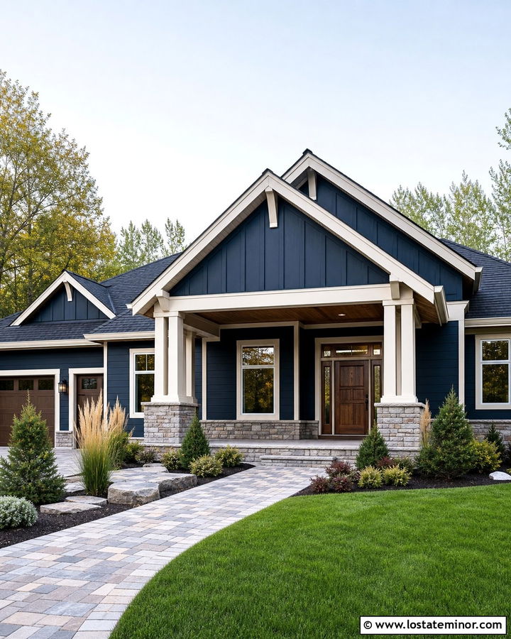 Midnight Blue House With Stone Columns And Wood Door - 30 Midnight Blue House Design With Portico Ideas