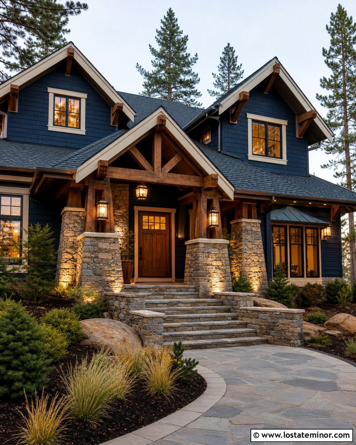 Midnight Blue House With Stone Columns and Uplights - 30 Midnight Blue House Design With Light Fixtures Ideas
