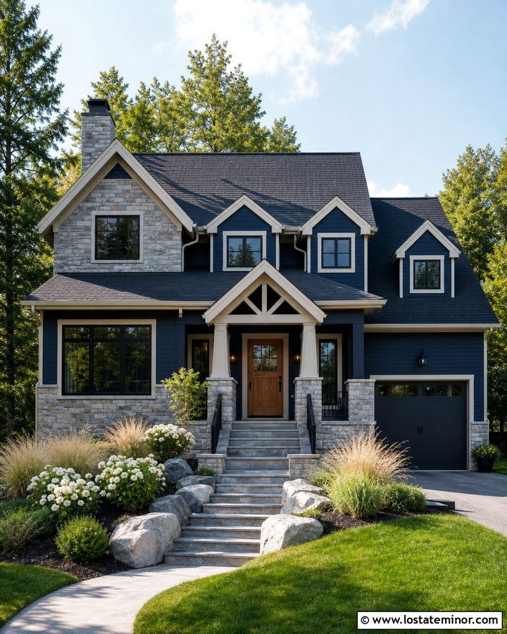 Midnight Blue House With Stone Dormer Sides - 30 Midnight Blue House Design With Dormers Ideas