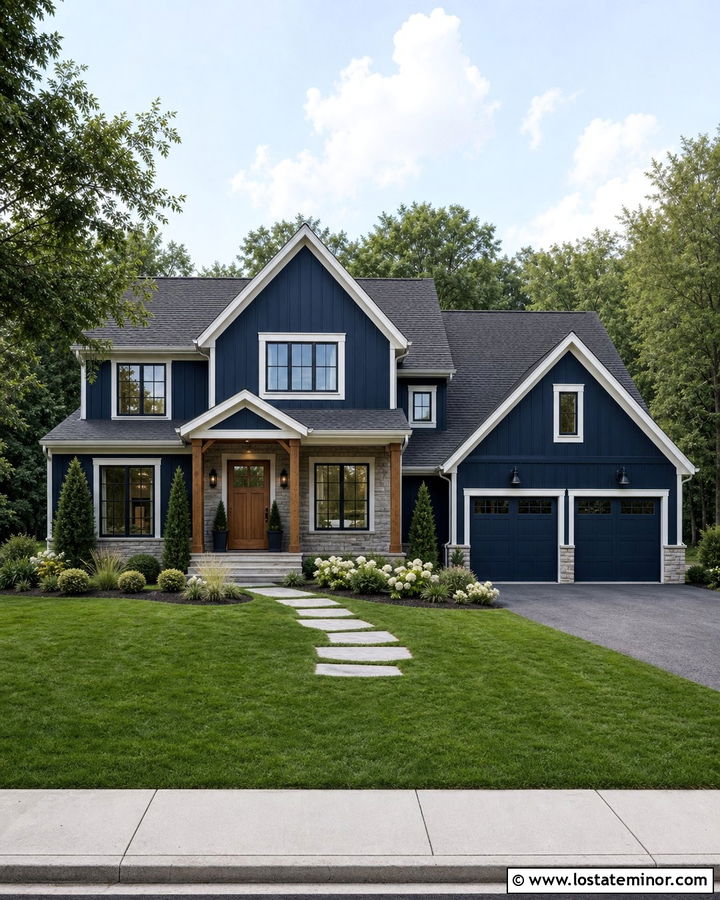 Midnight Blue House With Stone Entry Garden - 30 Midnight Blue House Design With Front Yard Ideas