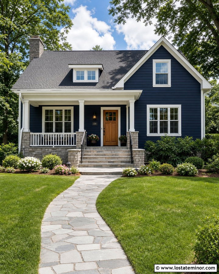 Midnight Blue House With Stone Front Steps - 30 Midnight Blue House Design With Stone Accents Ideas