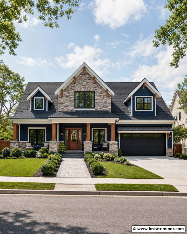 Midnight Blue House With Stone Gable - 30 Midnight Blue House Design With Stone Accents Ideas