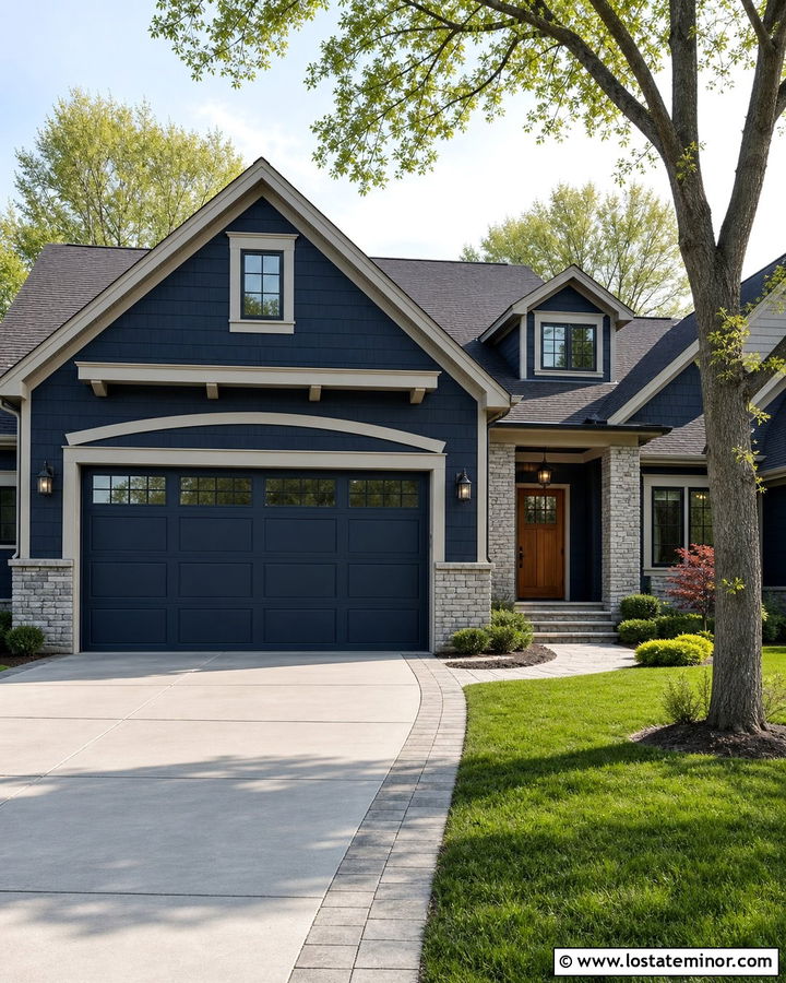 Midnight Blue House With Stone Garage Surround - 30 Midnight Blue House Design With Stone Accents Ideas