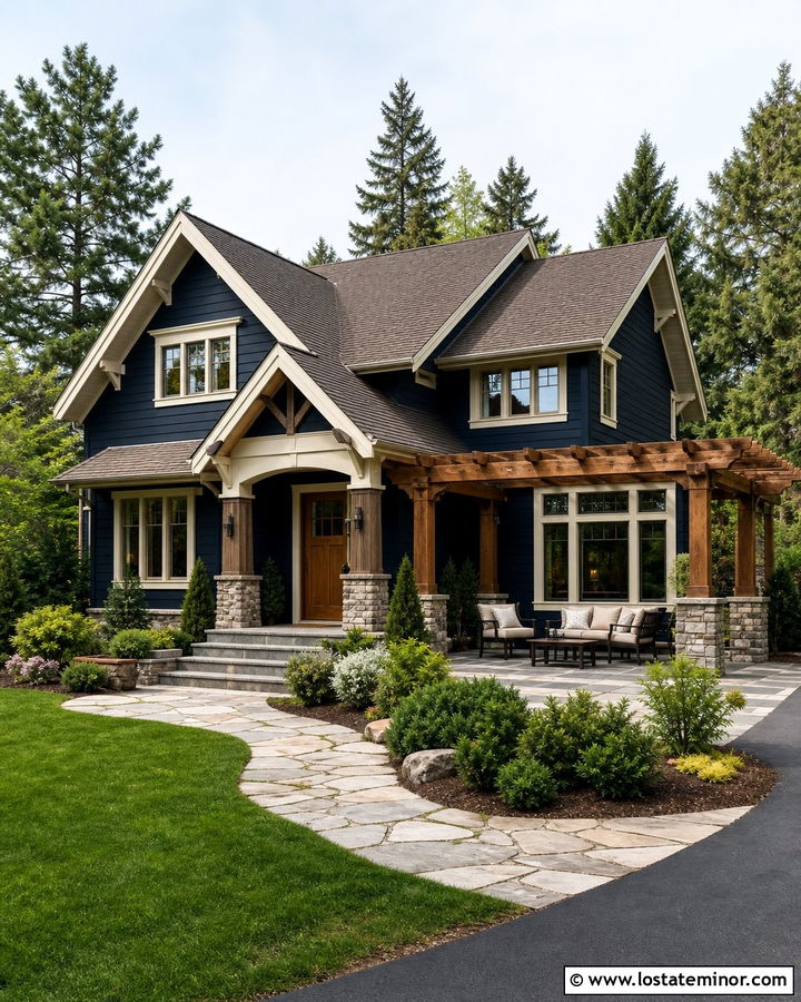 Midnight Blue House With Stone Patio Pergola - 30 Midnight Blue House Design With Pergola Ideas