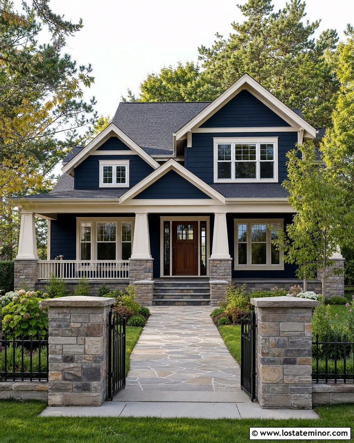 Midnight Blue House With Stone Pillar Fence - 30 Midnight Blue House Design With Fence Ideas