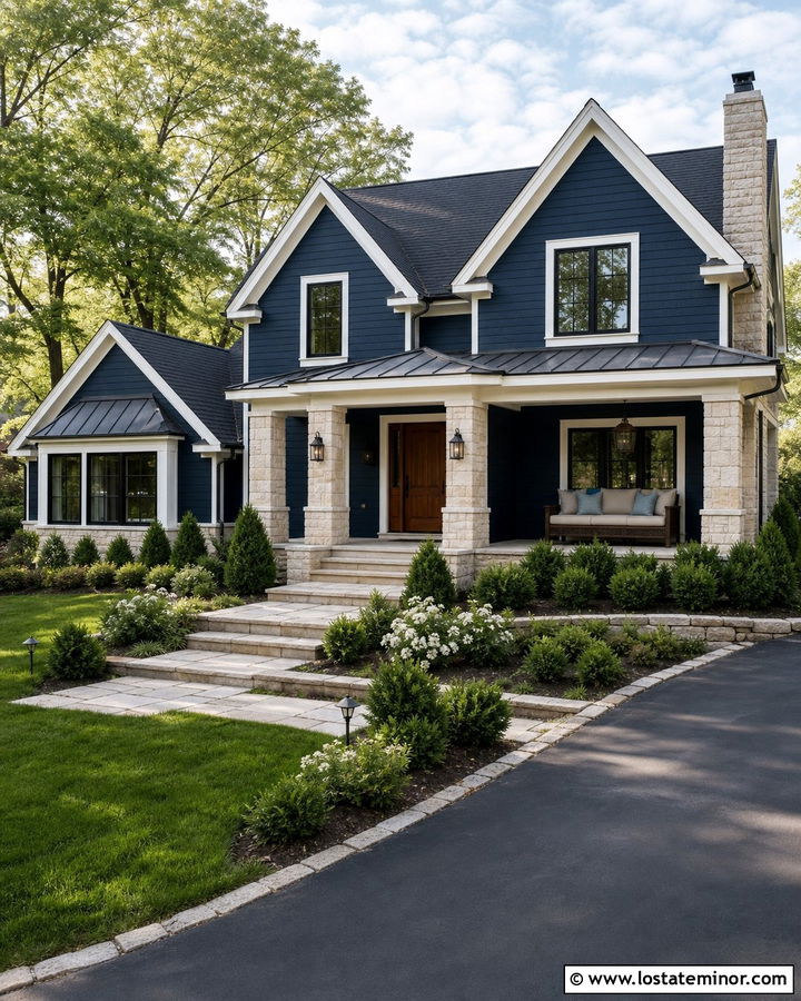 Midnight Blue House With Stone Porch Daybed - 30 Midnight Blue House Design With Daybed Ideas