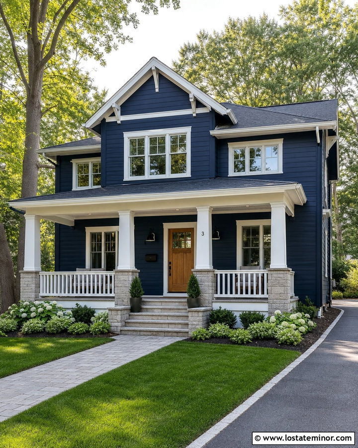 Midnight Blue House With Stone Porch Wall - 30 Midnight Blue House Design With Stone Accents Ideas