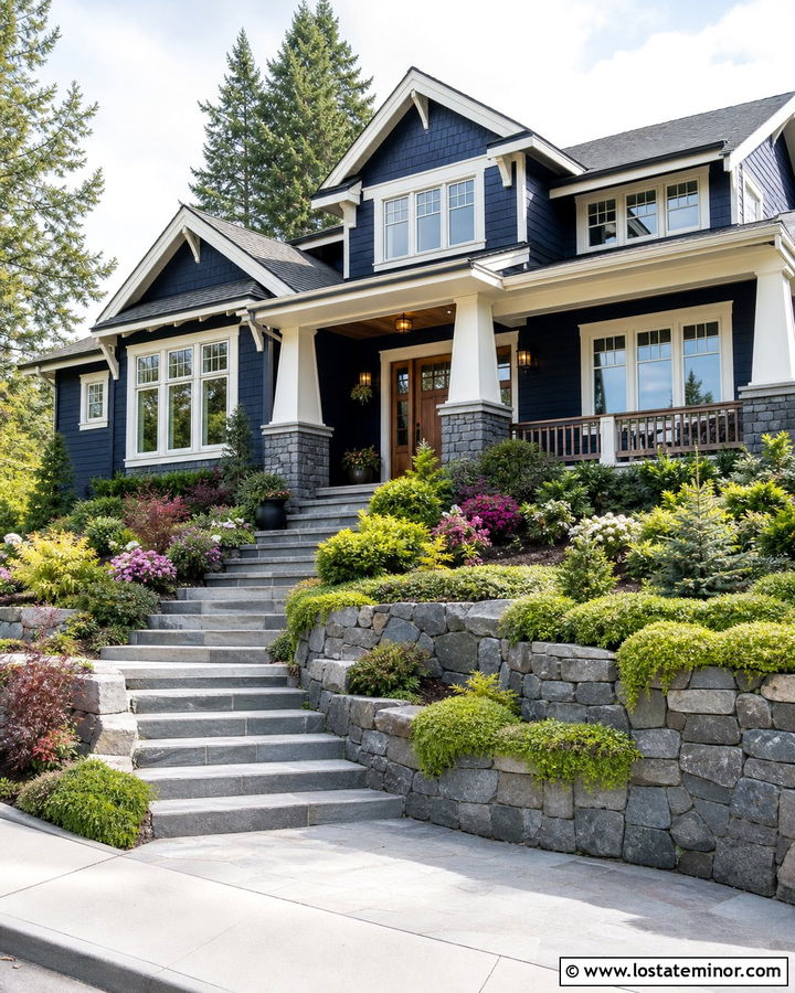 Midnight Blue House With Stone Retaining Wall Landscaping - 30 Midnight Blue House Design With Landscaping Ideas