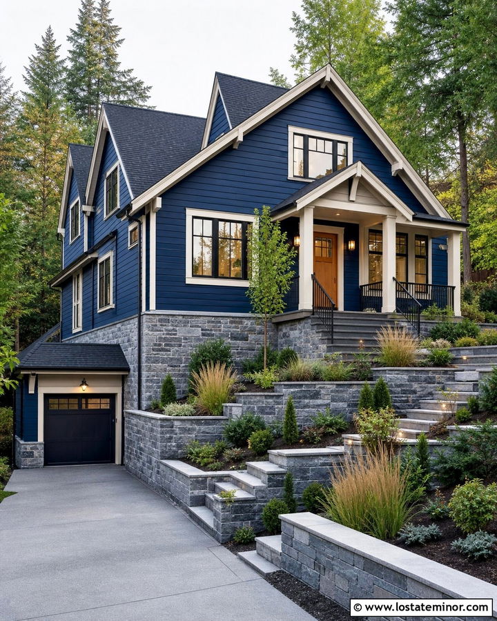 Midnight Blue House With Stone Retaining Walls - 30 Midnight Blue House Design With Stone Accents Ideas