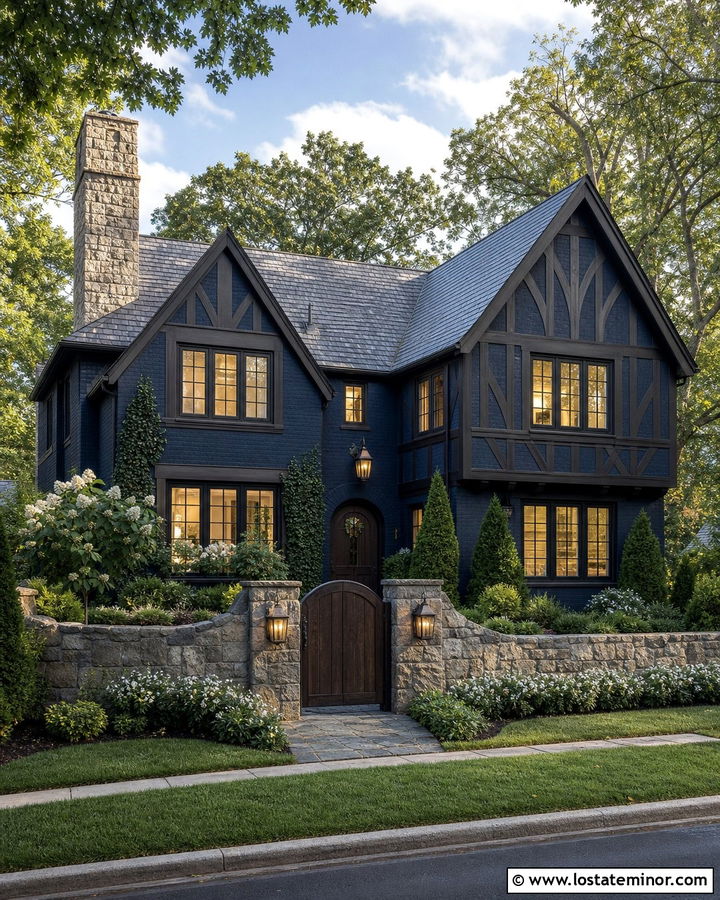 Midnight Blue House With Stone Wall Fence - 30 Midnight Blue House Design With Fence Ideas