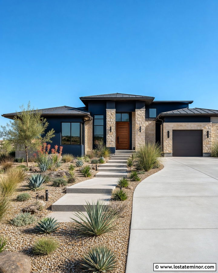 Midnight Blue House With Tan Stone And Bronze Trim - 30 Midnight Blue House Design With Accents Ideas