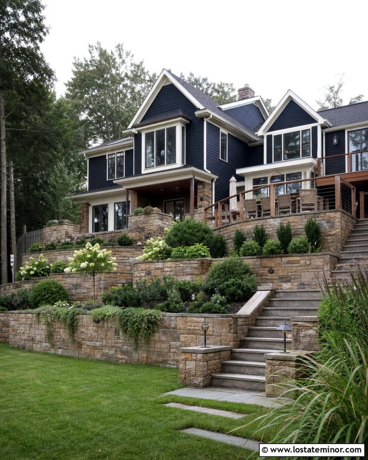 Midnight Blue House With Tan Stone Retaining Wall - 30 Midnight Blue House Design With Backyard Ideas