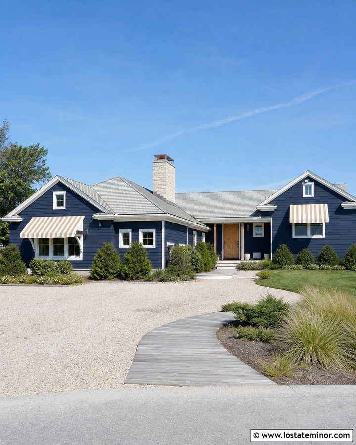 Midnight Blue House With Tan Striped Awning - 30 Midnight Blue House Design With Awning Ideas
