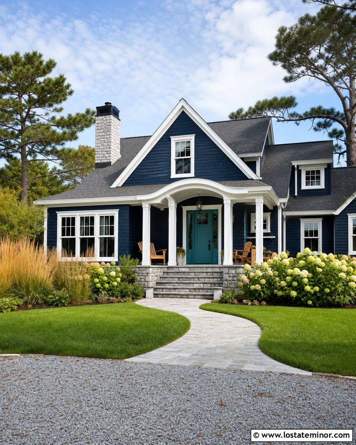 Midnight Blue House With Teal Door And Stone - 30 Midnight Blue House Design With Stone Accents Ideas