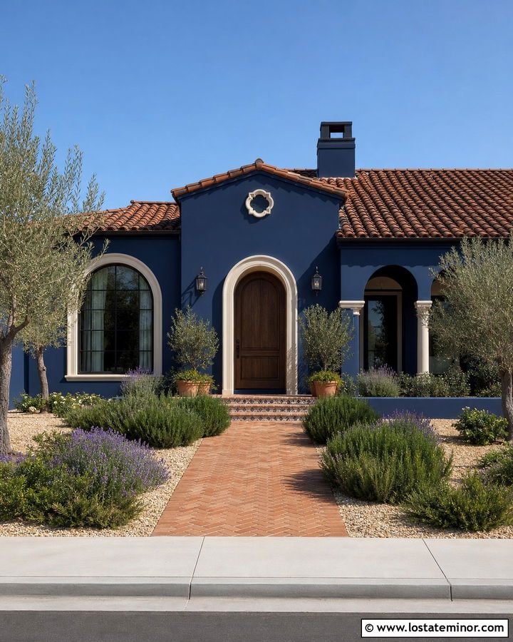 Midnight Blue House With Terracotta Paver Walkway - 30 Midnight Blue House Design With Walkway Ideas