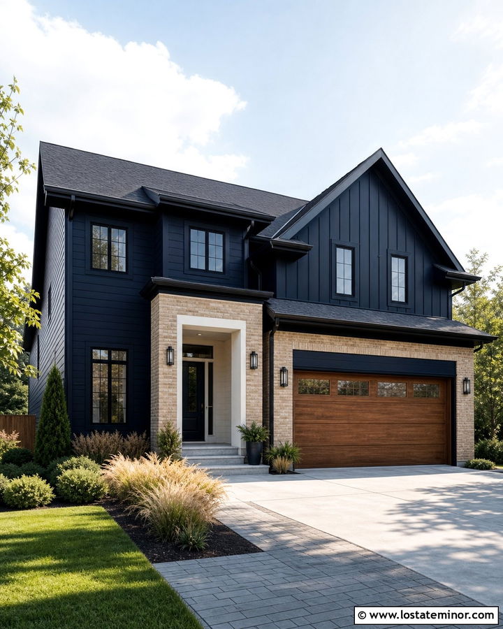 Midnight Blue House With Thin Brick Veneer - 30 Midnight Blue House Design With Brick Accents Ideas